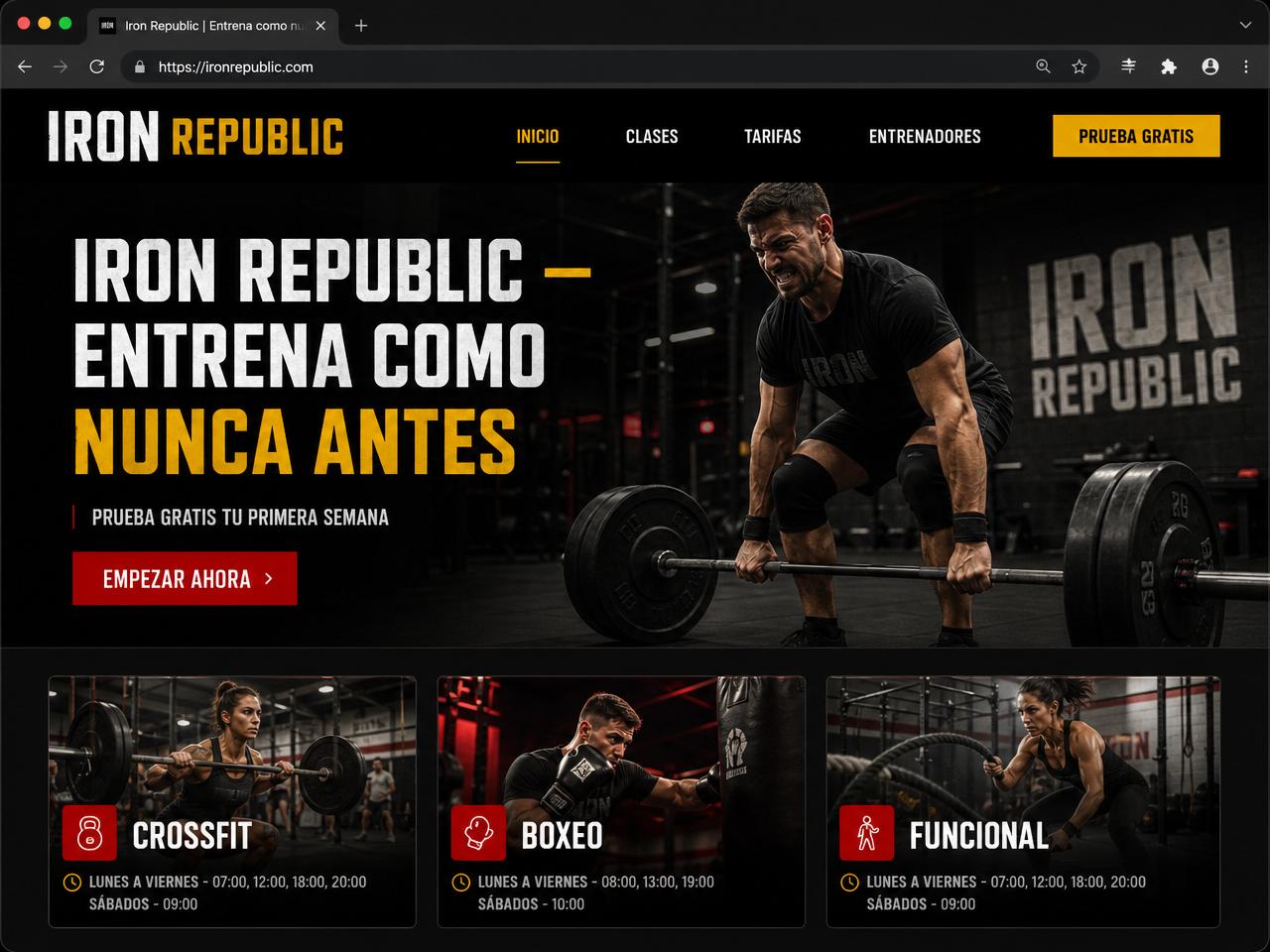 Diseño web para Iron Republic, fitness — mockup del proyecto realizado por Mireaweb